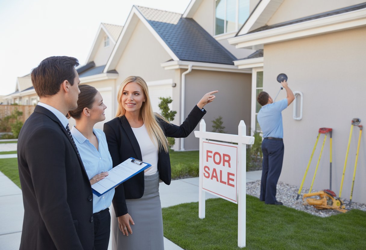 A real estate agent talks with a couple outside a house for sale while a home inspector examines the exterior wall.