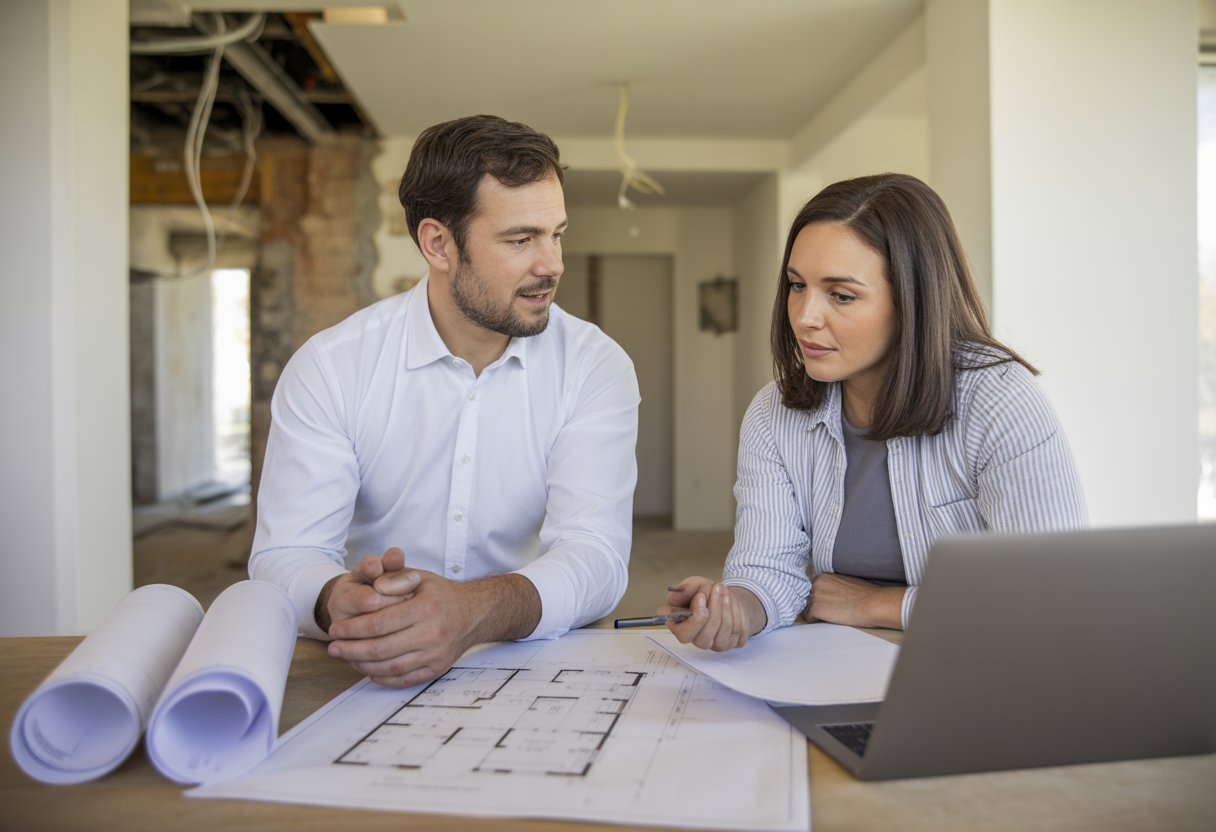 A real estate agent and homeowner reviewing house plans and documents inside a modern home with visible construction details.