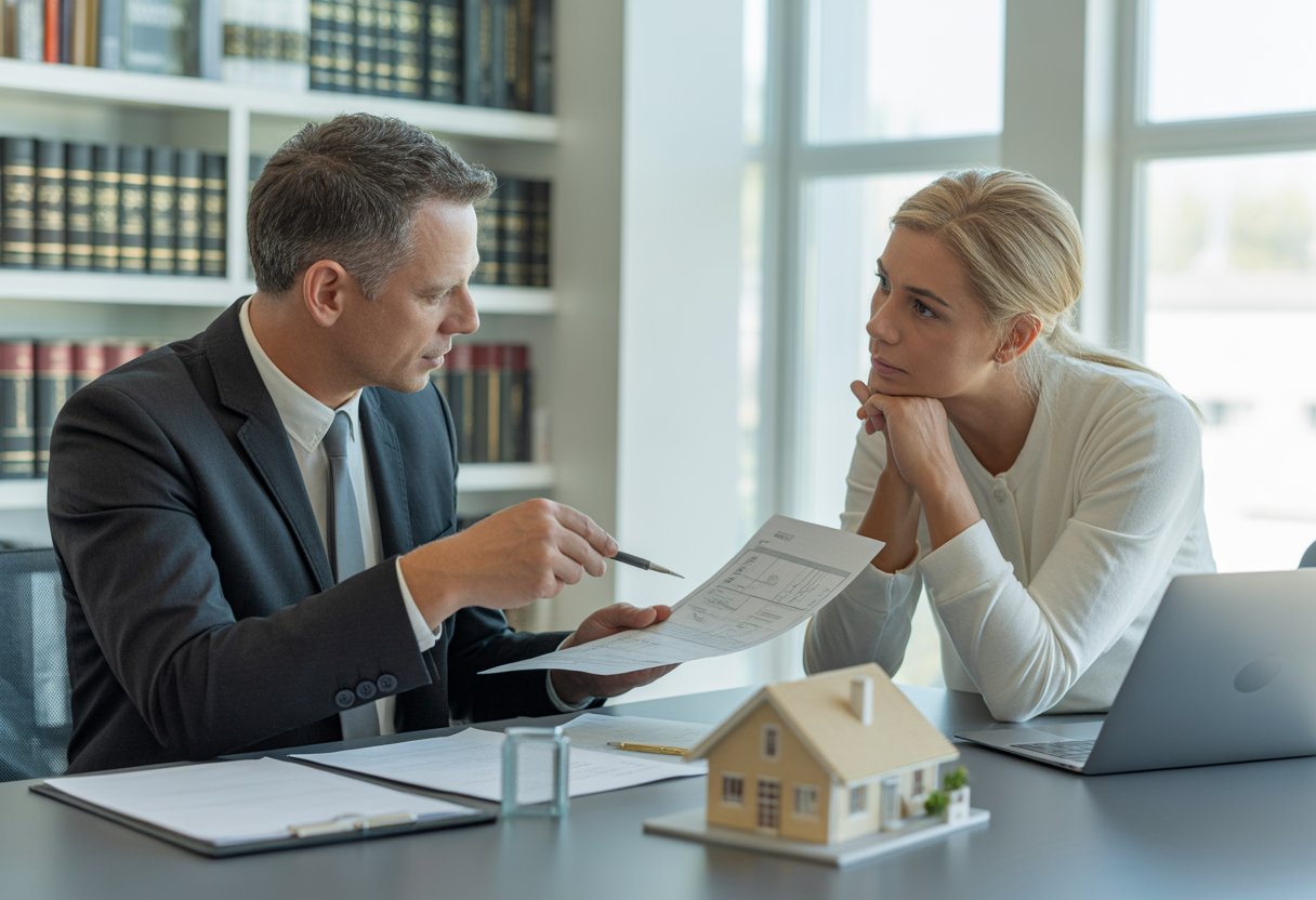 A real estate agent discusses legal documents with a homeowner in an office, focusing on the risks of selling a house with unpermitted work.