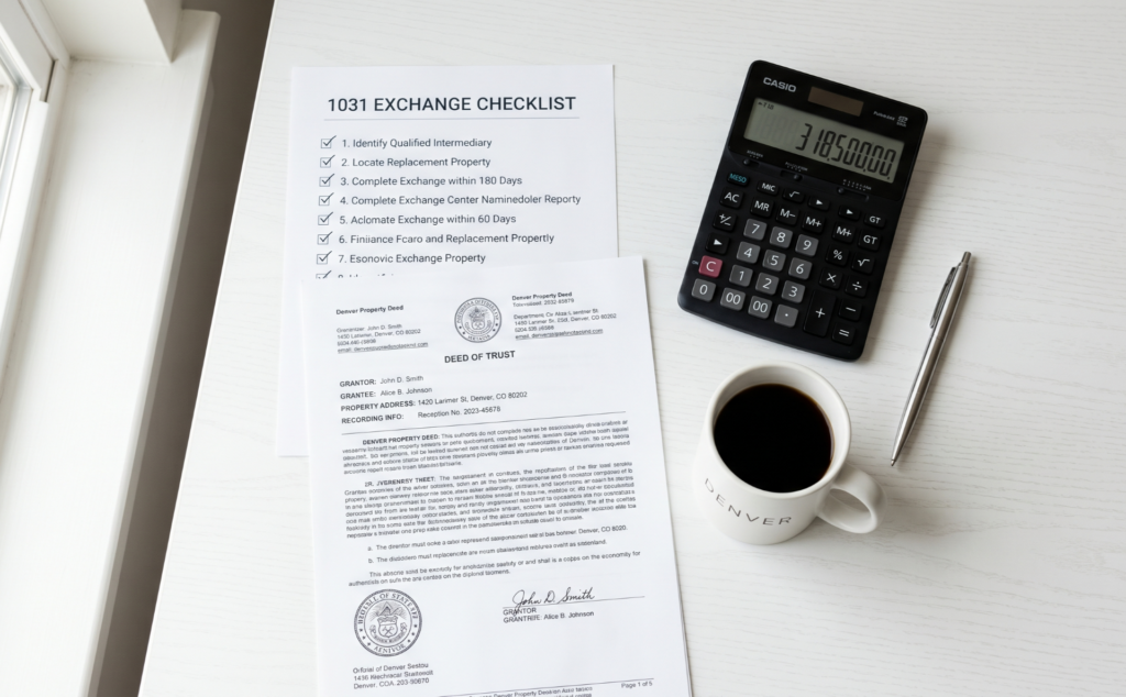 1031 exchange checklist and Denver rental property deed laid out on desk for tax planning before sale
