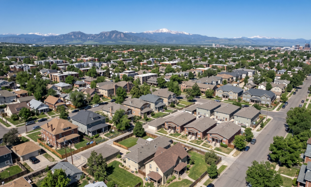 Aerial drone photo of Denver neighborhood showing mix of rental homes and duplexes against Rocky Mountain backdrop