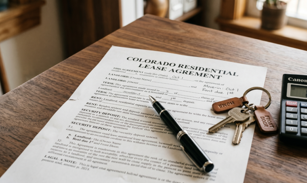 Colorado lease agreement and rental documents laid out on desk for tenant-occupied home sale in Denver