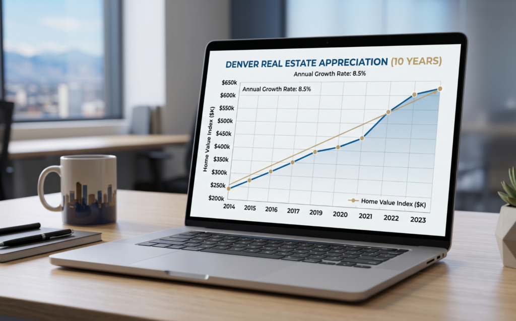 Line chart showing Denver rental property value appreciation over 10 years displayed on laptop screen about selling rental property