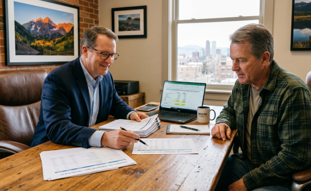 Denver CPA reviewing capital gains tax calculations with landlord before rental property sale
