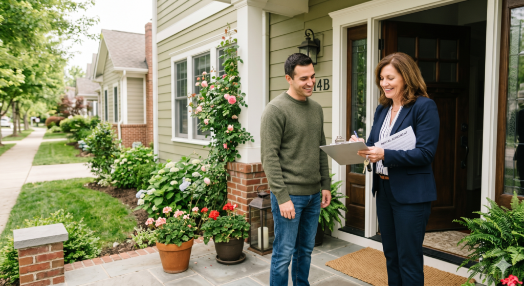 Landlord speaking with tenant at the front door of a Denver rental property home during the property sale process
