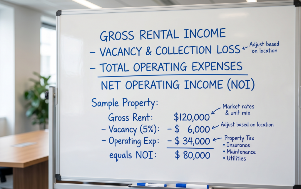 Whiteboard showing Net Operating Income NOI formula for pricing Denver rental investment property