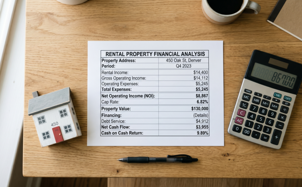 Desk with rental property financial documents showing NOI and cap rate calculations for a Denver investment property