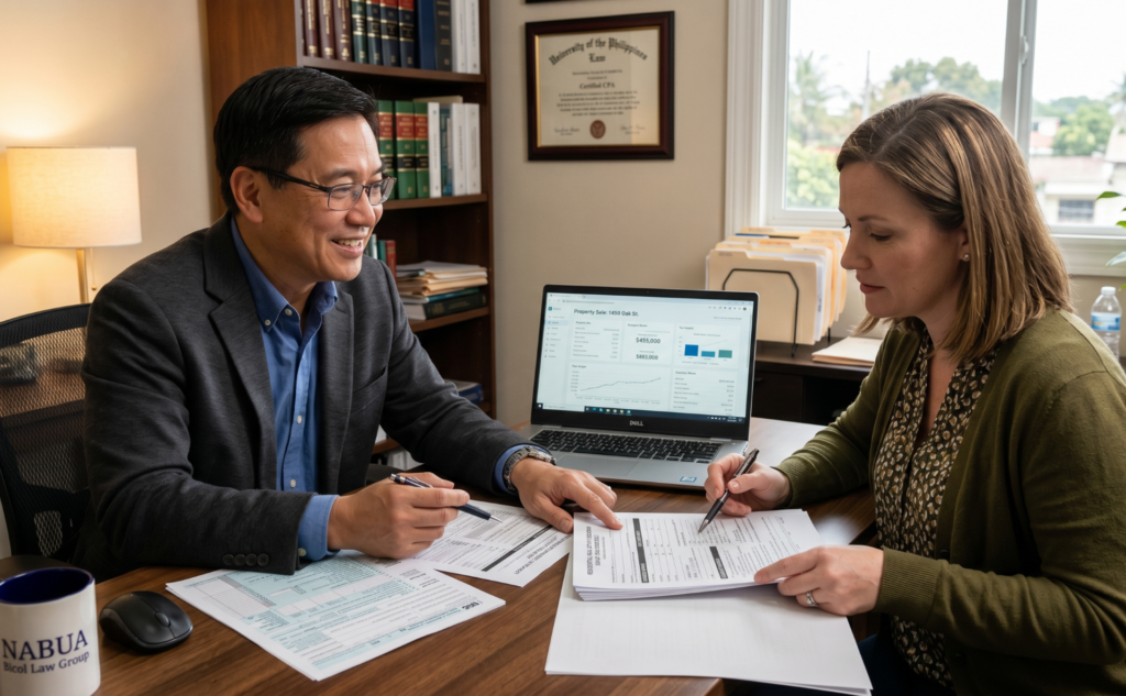 CPA and homeowner reviewing capital gains tax documents and 1031 exchange paperwork for a Denver rental property sale
